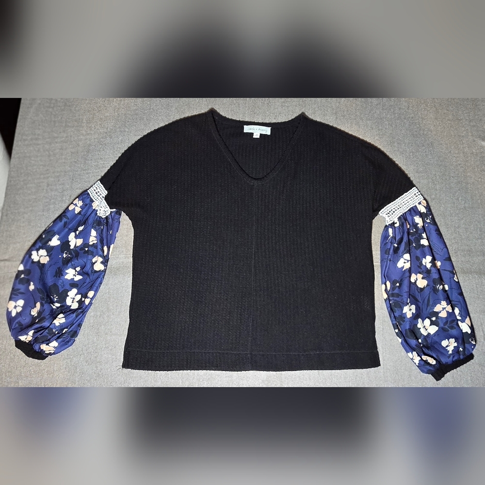 Jack + Avery Medium Black V-Neck Sweater with Lace & Sheer Floral Sleeves
